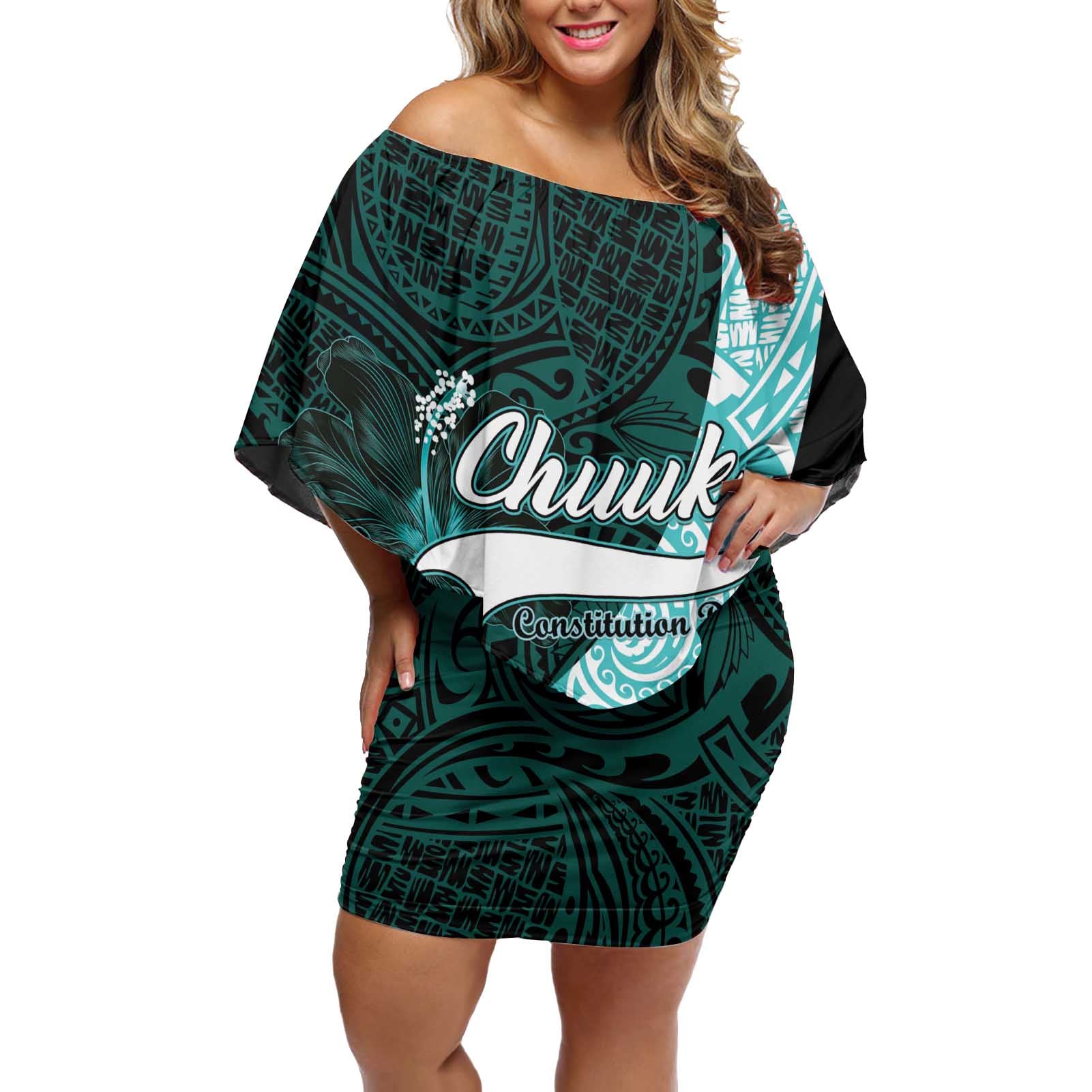 Chuuk Constitution Day Off Shoulder Short Dress Hibiscus Turquoise Pattern