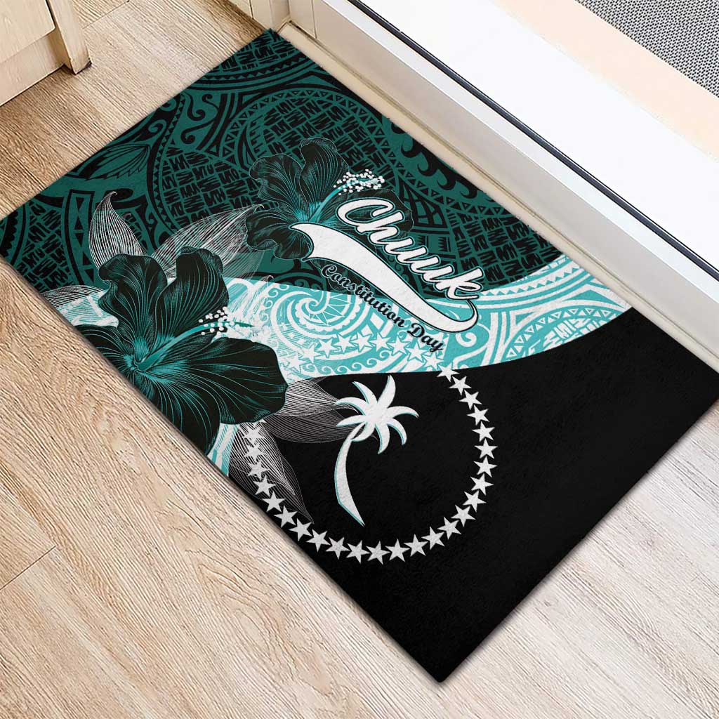 Chuuk Constitution Day Rubber Doormat Hibiscus Turquoise Pattern