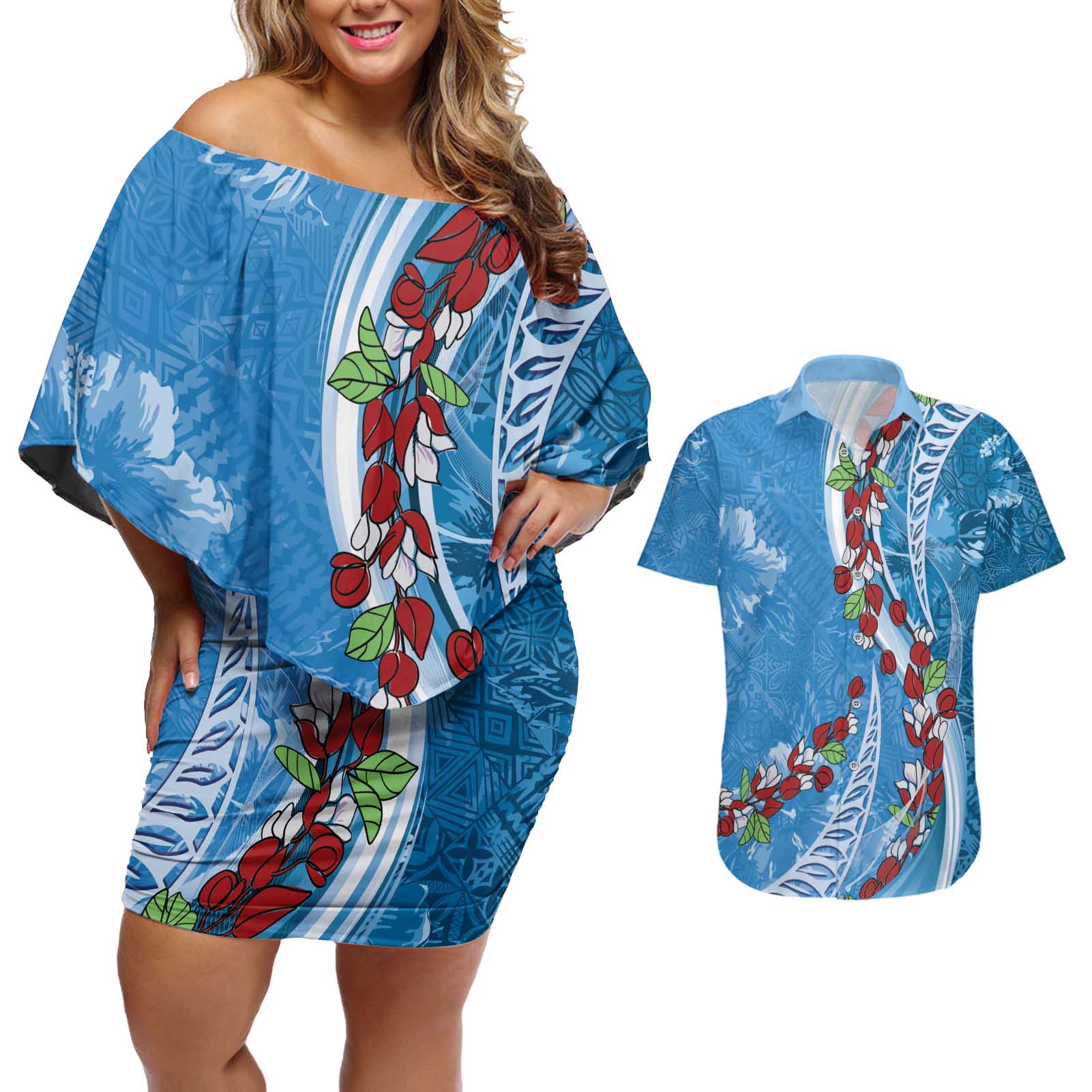 Fiji Tagimaucia Floral Couples Matching Off Shoulder Short Dress and Hawaiian Shirt Tapa Pattern