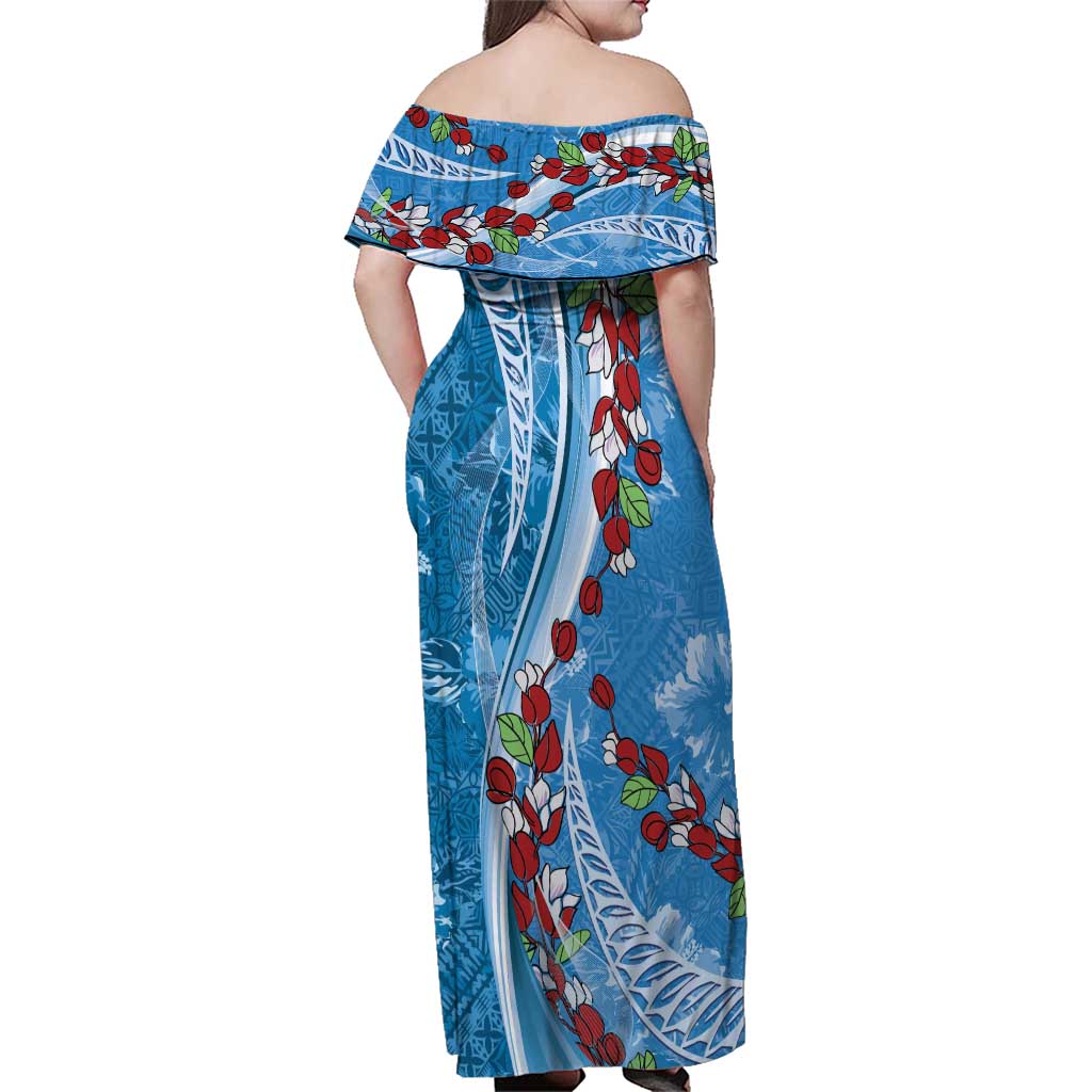 Fiji Tagimaucia Floral Family Matching Off Shoulder Maxi Dress and Hawaiian Shirt Tapa Pattern