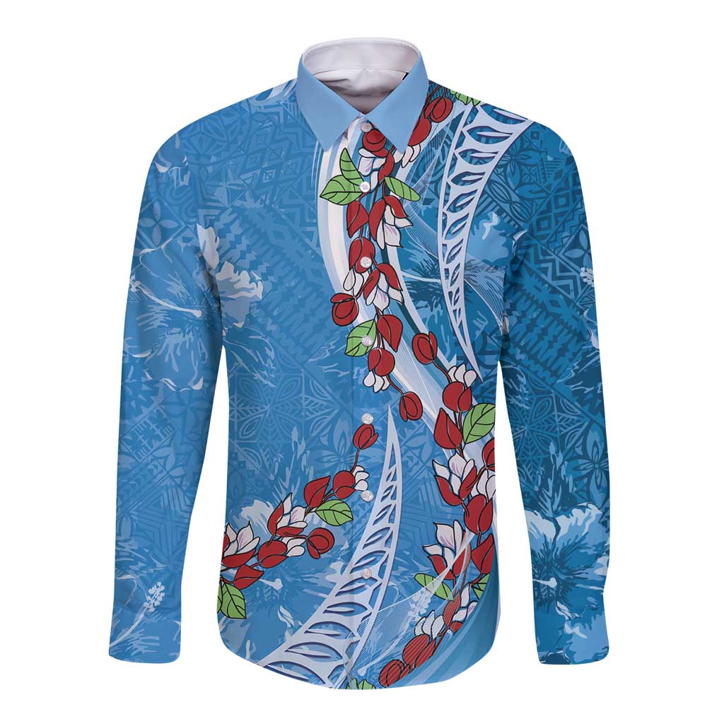 Fiji Tagimaucia Floral Long Sleeve Button Shirt Tapa Pattern LT01 Unisex Blue - Polynesian Pride