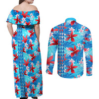 Hawaii Christmas Couples Matching Off Shoulder Maxi Dress and Long Sleeve Button Shirt Santa Claus Surfing Kakau Tropical Style LT01 - Polynesian Pride