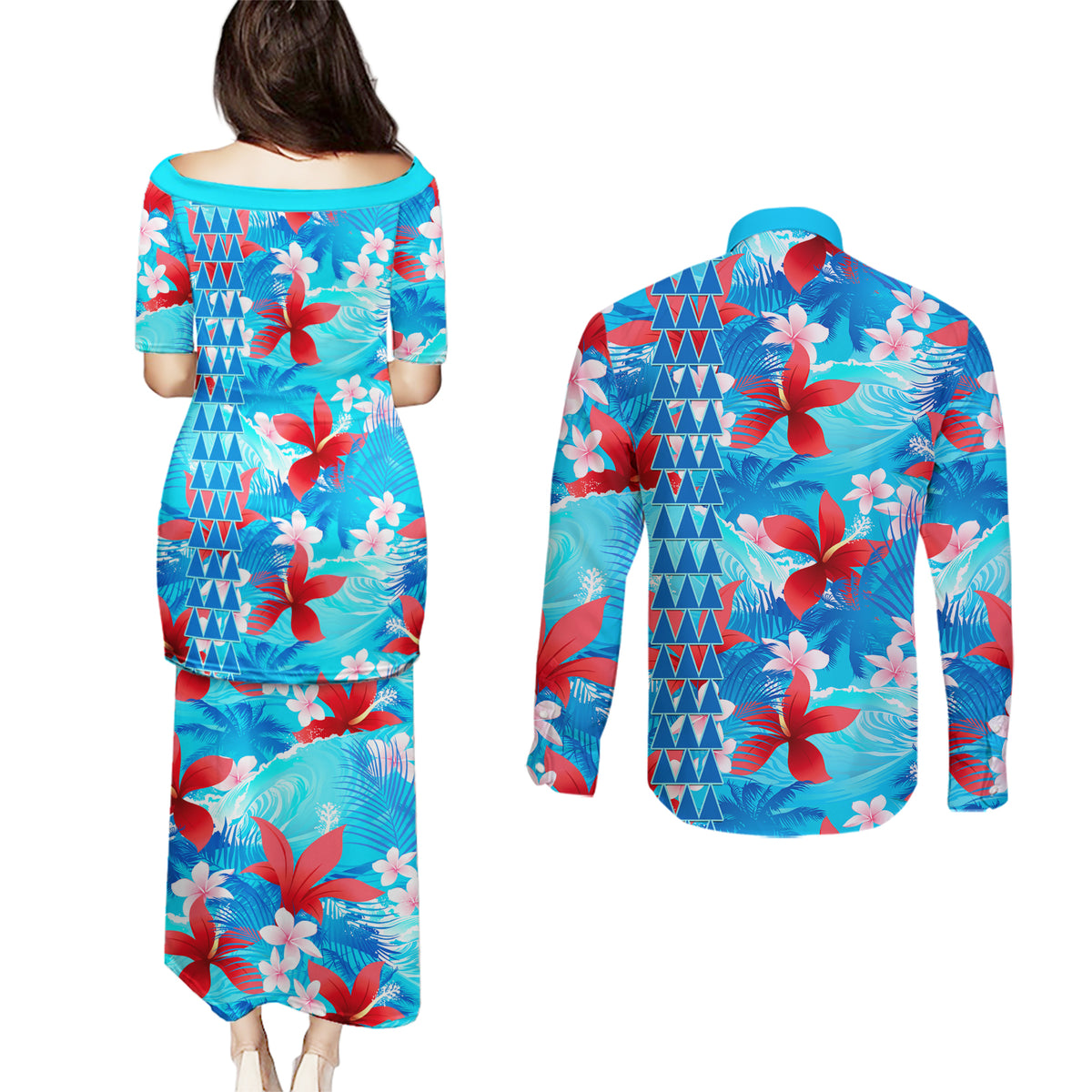 Hawaii Christmas Couples Matching Puletasi Dress and Long Sleeve Button Shirt Santa Claus Surfing Kakau Tropical Style LT01 - Polynesian Pride