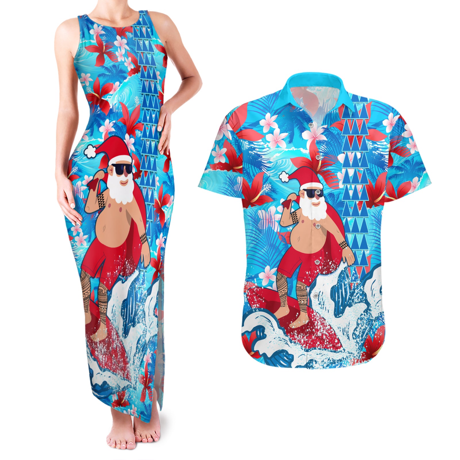 Hawaii Christmas Couples Matching Tank Maxi Dress and Hawaiian Shirt Santa Claus Surfing Kakau Tropical Style LT01 Blue - Polynesian Pride