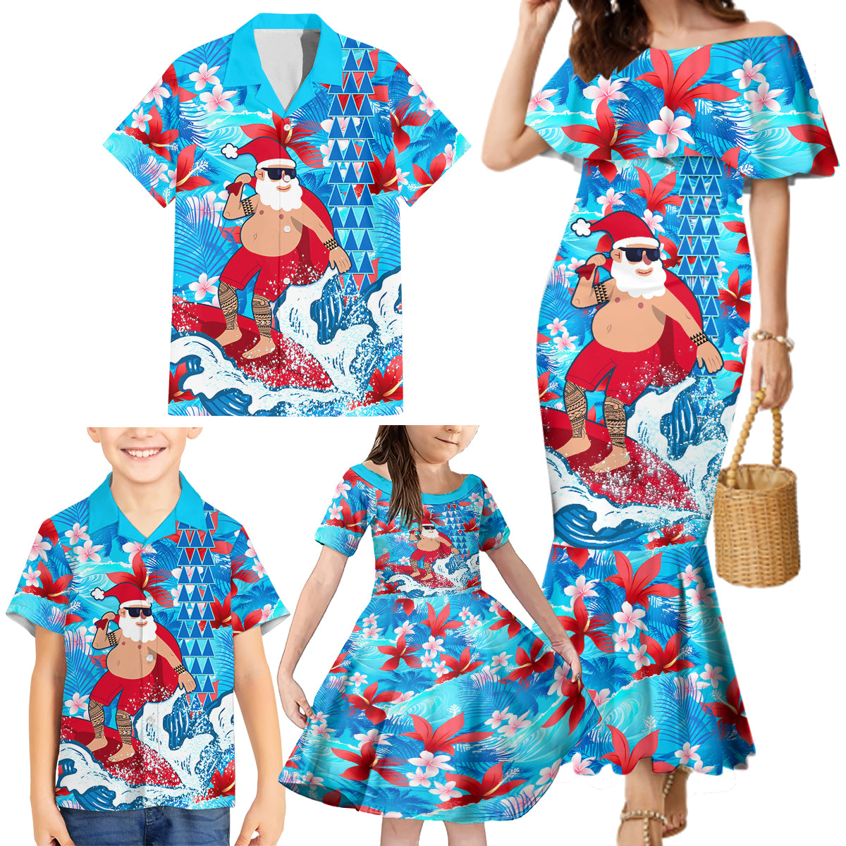 Hawaii Christmas Family Matching Mermaid Dress and Hawaiian Shirt Santa Claus Surfing Kakau Tropical Style LT01 - Polynesian Pride