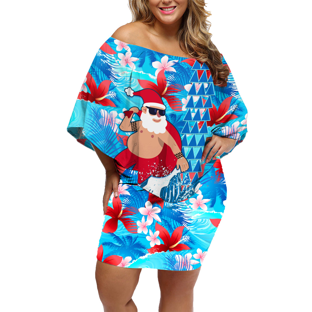 Hawaii Christmas Family Matching Off Shoulder Short Dress and Hawaiian Shirt Santa Claus Surfing Kakau Tropical Style LT01 Mom's Dress Blue - Polynesian Pride
