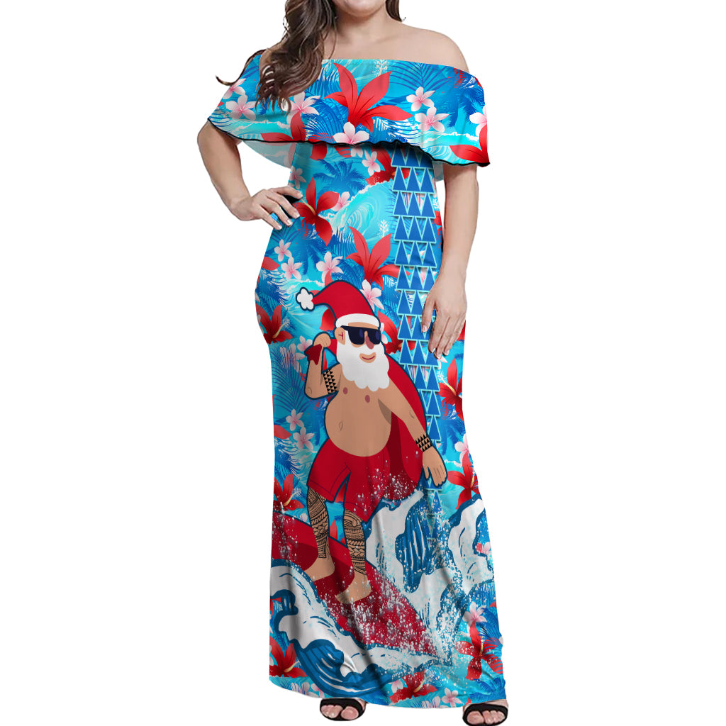 Hawaii Christmas Off Shoulder Maxi Dress Santa Claus Surfing Kakau Tropical Style LT01 Women Blue - Polynesian Pride