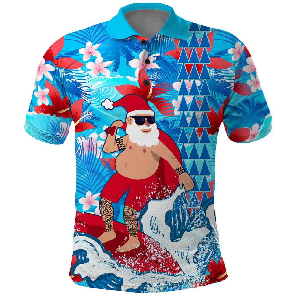 Hawaii Christmas Polo Shirt Santa Claus Surfing Kakau Tropical Style LT01 Blue - Polynesian Pride