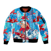Hawaii Christmas Sleeve Zip Bomber Jacket Santa Claus Surfing Kakau Tropical Style LT01 Unisex Blue - Polynesian Pride