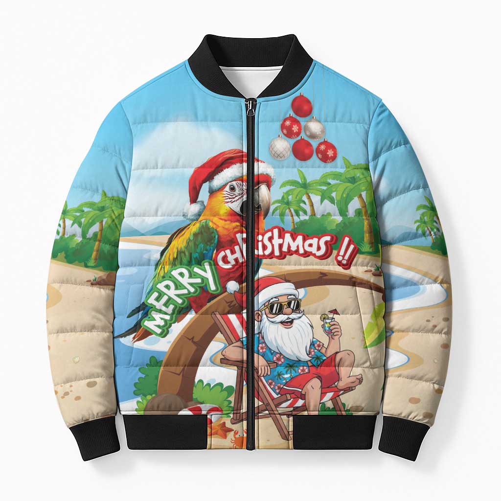 Personalized Hawaii Santa Parrot Christmas Bomber Puffer Jacket Summer Vibe LT01 Unisex Blue - Polynesian Pride