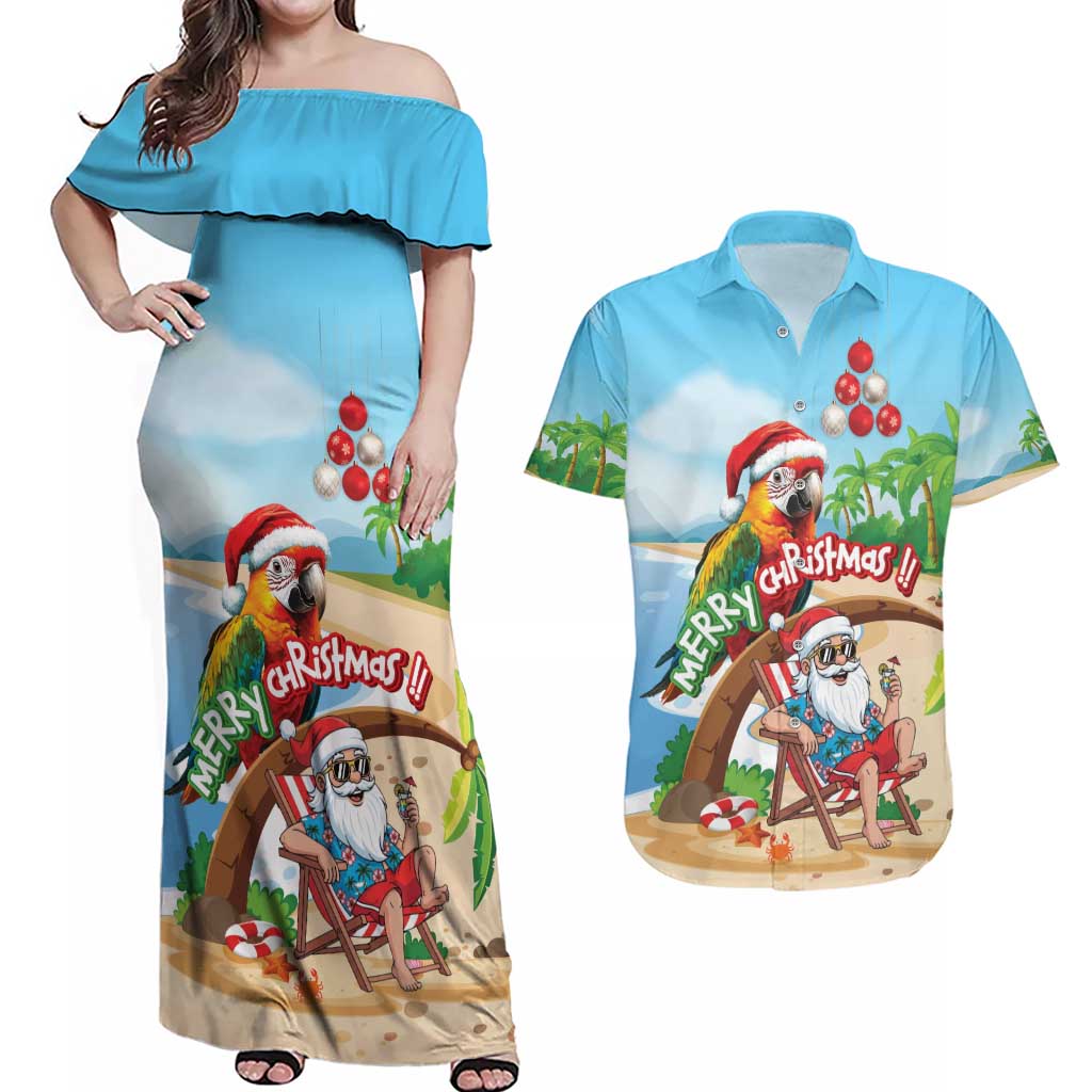 Personalized Hawaii Santa Parrot Christmas Couples Matching Off Shoulder Maxi Dress and Hawaiian Shirt Summer Vibe - Polynesian Pride