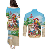 Personalized Hawaii Santa Parrot Christmas Couples Matching Puletasi and Long Sleeve Button Shirt Summer Vibe - Polynesian Pride