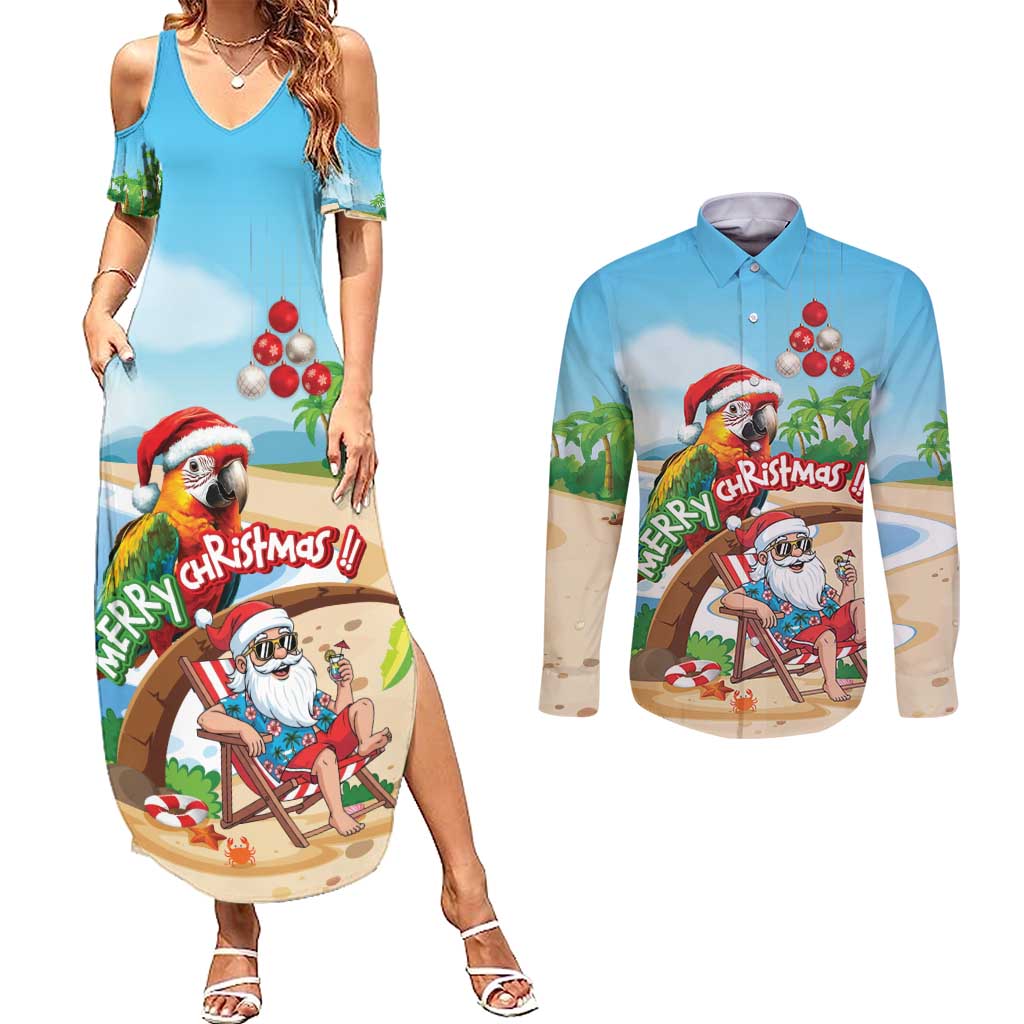 Personalized Hawaii Santa Parrot Christmas Couples Matching Summer Maxi Dress and Long Sleeve Button Shirt Summer Vibe - Polynesian Pride
