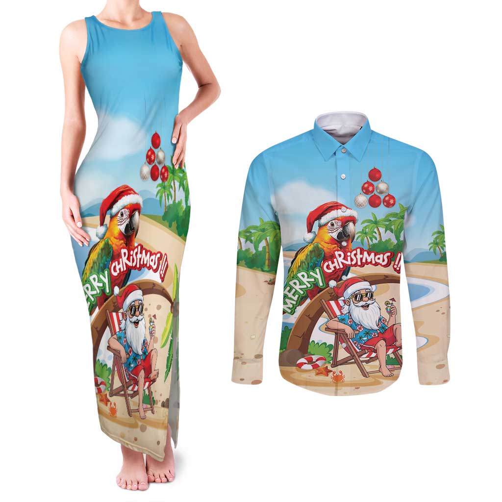 Personalized Hawaii Santa Parrot Christmas Couples Matching Tank Maxi Dress and Long Sleeve Button Shirt Summer Vibe - Polynesian Pride