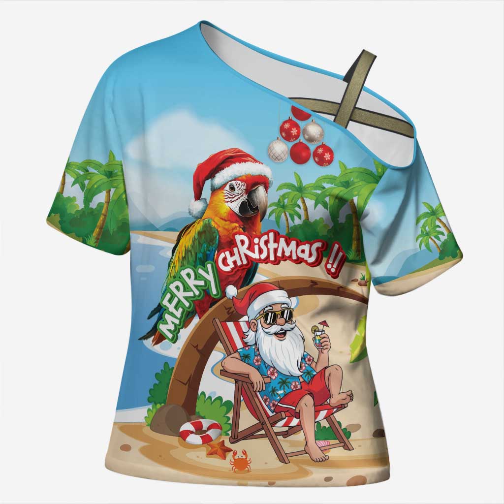 Personalized Hawaii Santa Parrot Christmas Cross Shoulder Shirt Summer Vibe - Polynesian Pride
