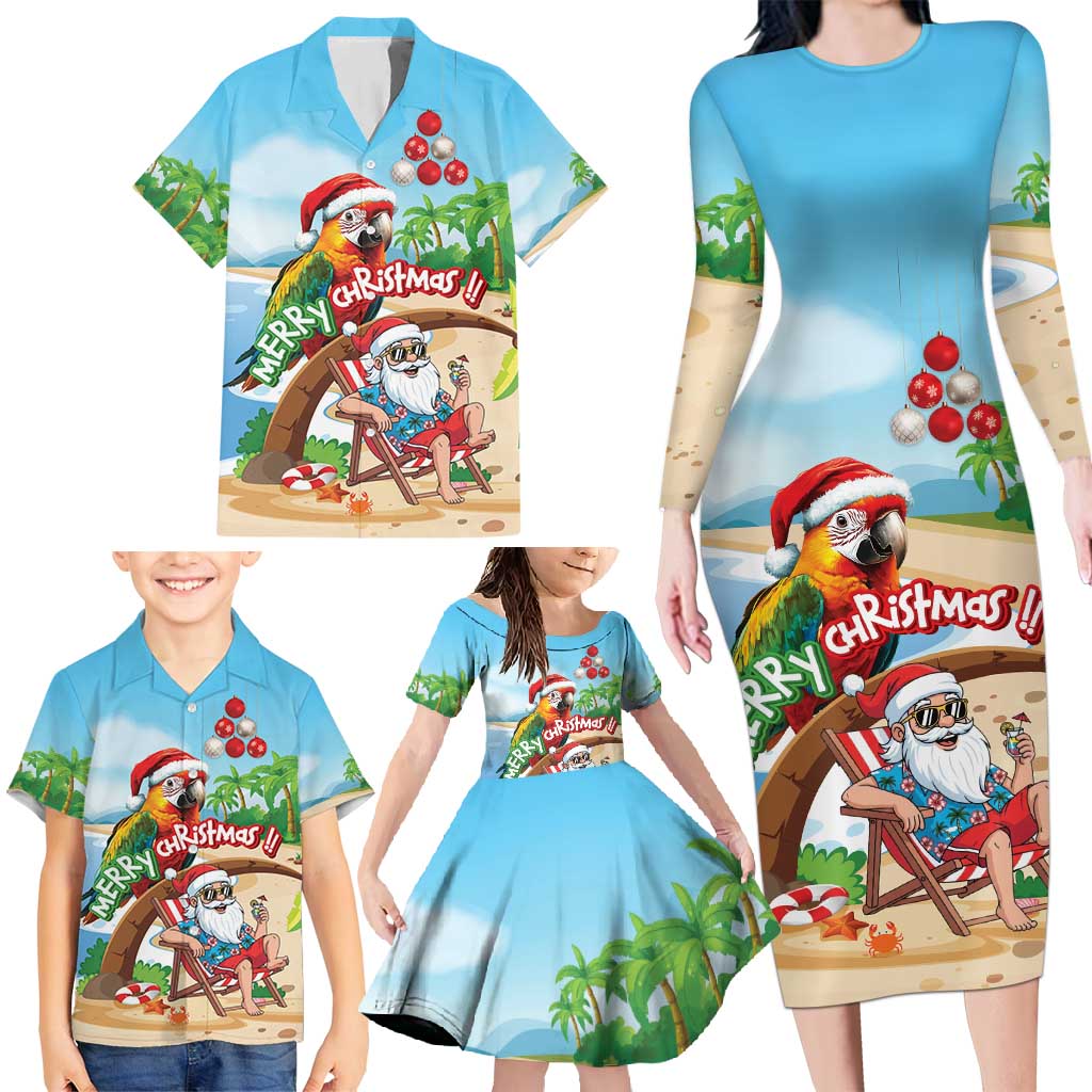 Personalized Hawaii Santa Parrot Christmas Family Matching Long Sleeve Bodycon Dress and Hawaiian Shirt Summer Vibe - Polynesian Pride
