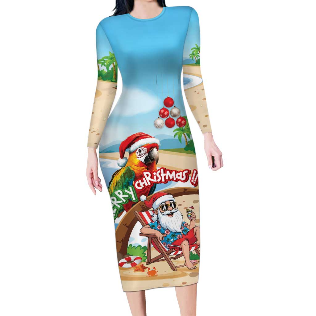 Personalized Hawaii Santa Parrot Christmas Long Sleeve Bodycon Dress Summer Vibe LT01 Long Dress Blue - Polynesian Pride