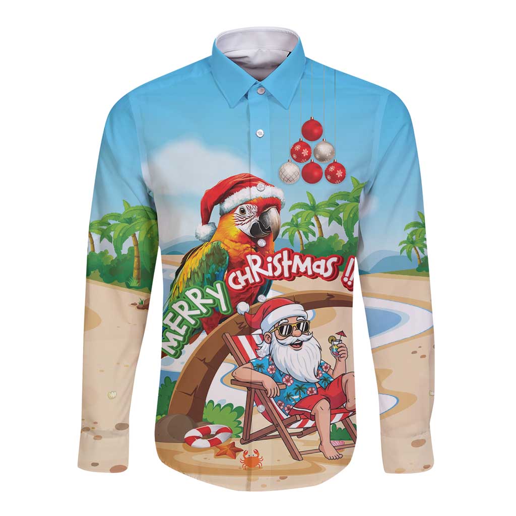 Personalized Hawaii Santa Parrot Christmas Long Sleeve Button Shirt Summer Vibe LT01 Unisex Blue - Polynesian Pride