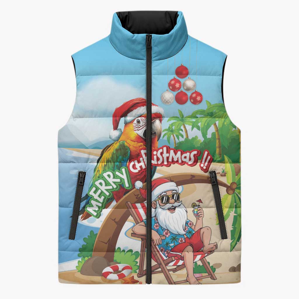 Personalized Hawaii Santa Parrot Christmas Sleeveless Puffer Jacket Summer Vibe LT01 Unisex Blue - Polynesian Pride