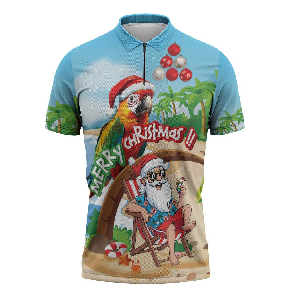 Personalized Hawaii Santa Parrot Christmas Zipper Polo Shirt Summer Vibe - Polynesian Pride