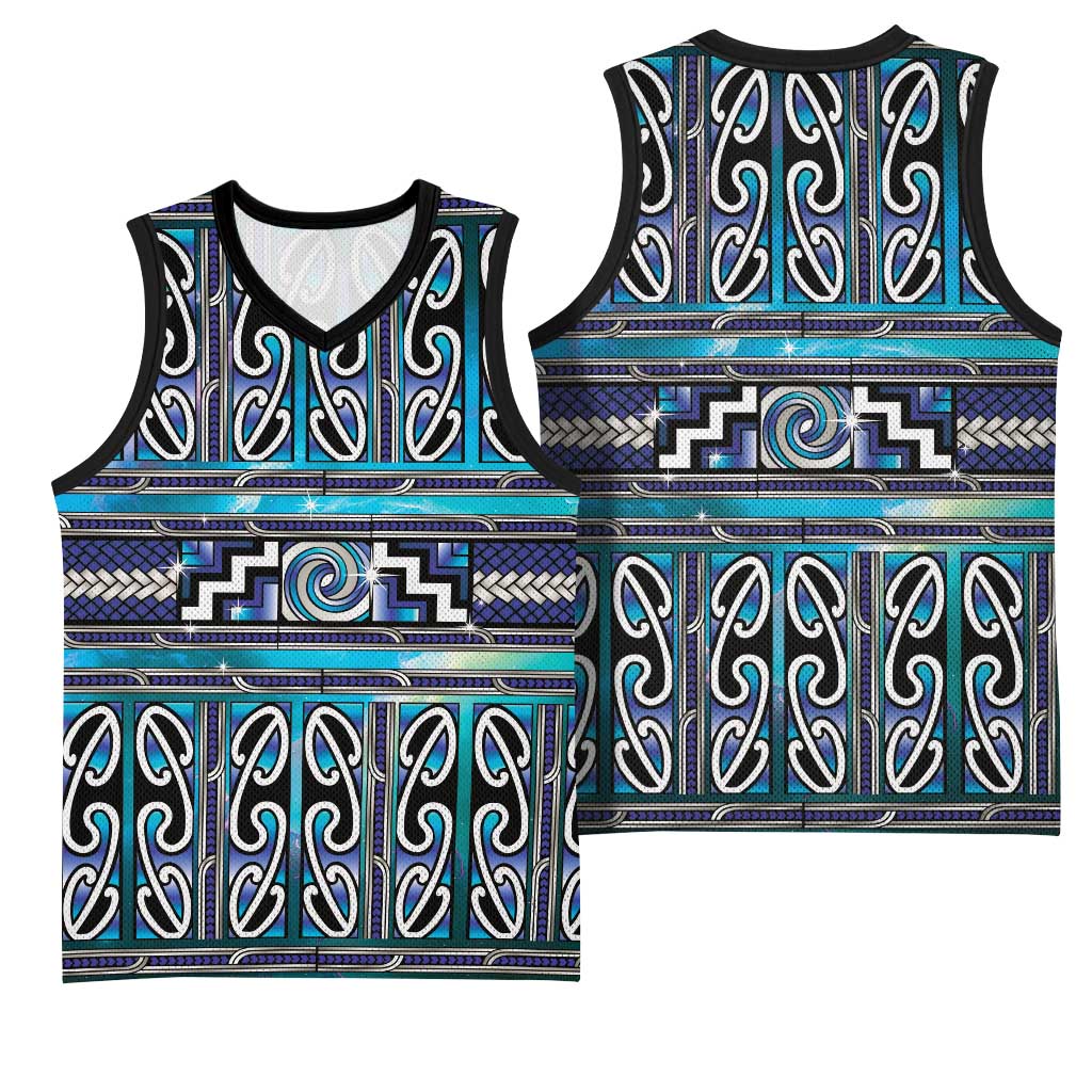 Maori Matariki Basketball Jersey Blue Galaxy Aesthetic Koru Art LT01 - Polynesian Pride