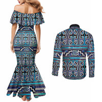 Maori Matariki Couples Matching Mermaid Dress and Long Sleeve Button Shirt Blue Galaxy Aesthetic Koru Art LT01 - Polynesian Pride