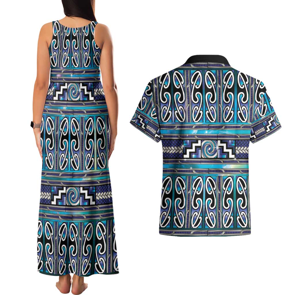 Maori Matariki Couples Matching Tank Maxi Dress and Hawaiian Shirt Blue Galaxy Aesthetic Koru Art LT01 - Polynesian Pride