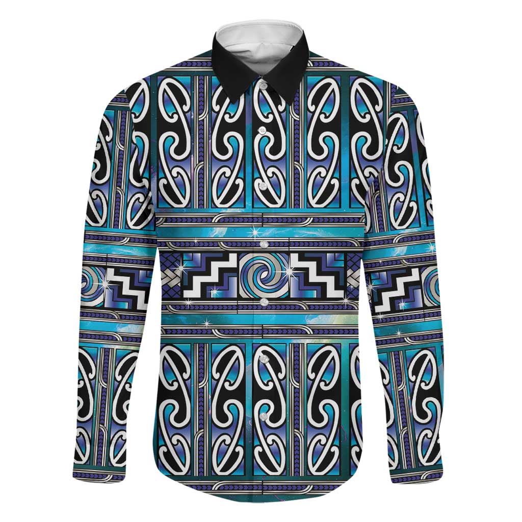 Maori Matariki Family Matching Puletasi and Hawaiian Shirt Blue Galaxy Aesthetic Koru Art LT01 Dad's Shirt - Long Sleeve Blue - Polynesian Pride