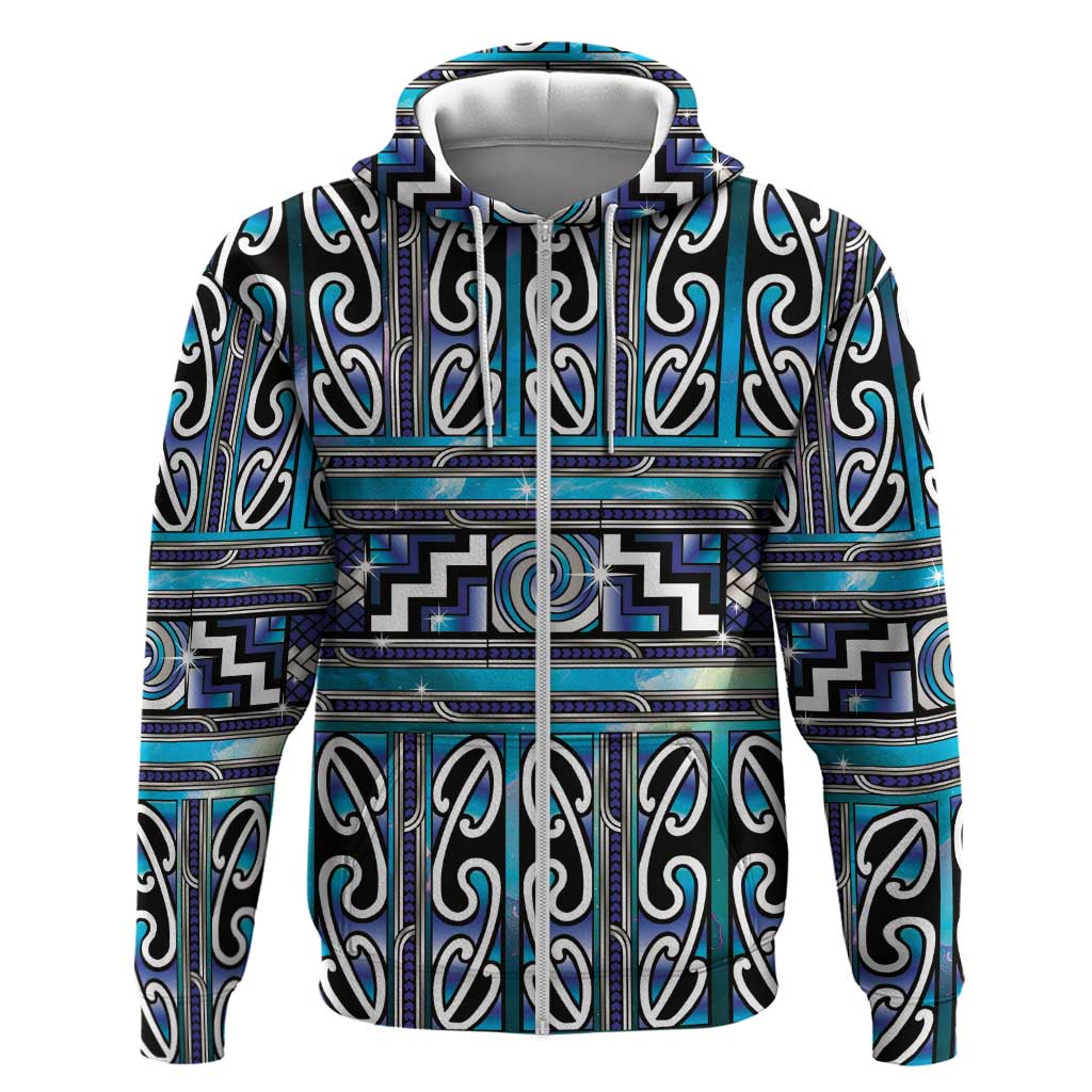 Maori Matariki Hoodie Blue Galaxy Aesthetic Koru Art LT01 Zip Hoodie Blue - Polynesian Pride