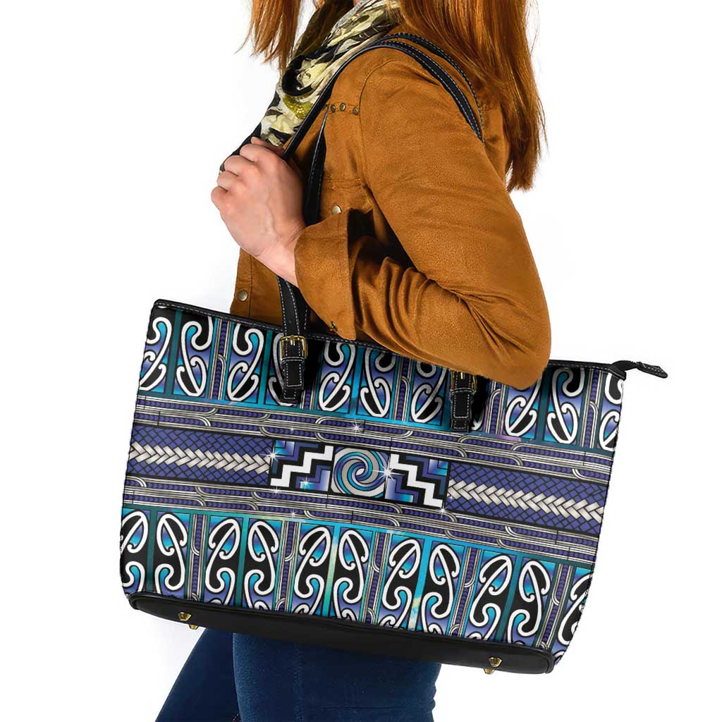 Maori Matariki Leather Tote Bag Blue Galaxy Aesthetic Koru Art LT01 Blue - Polynesian Pride