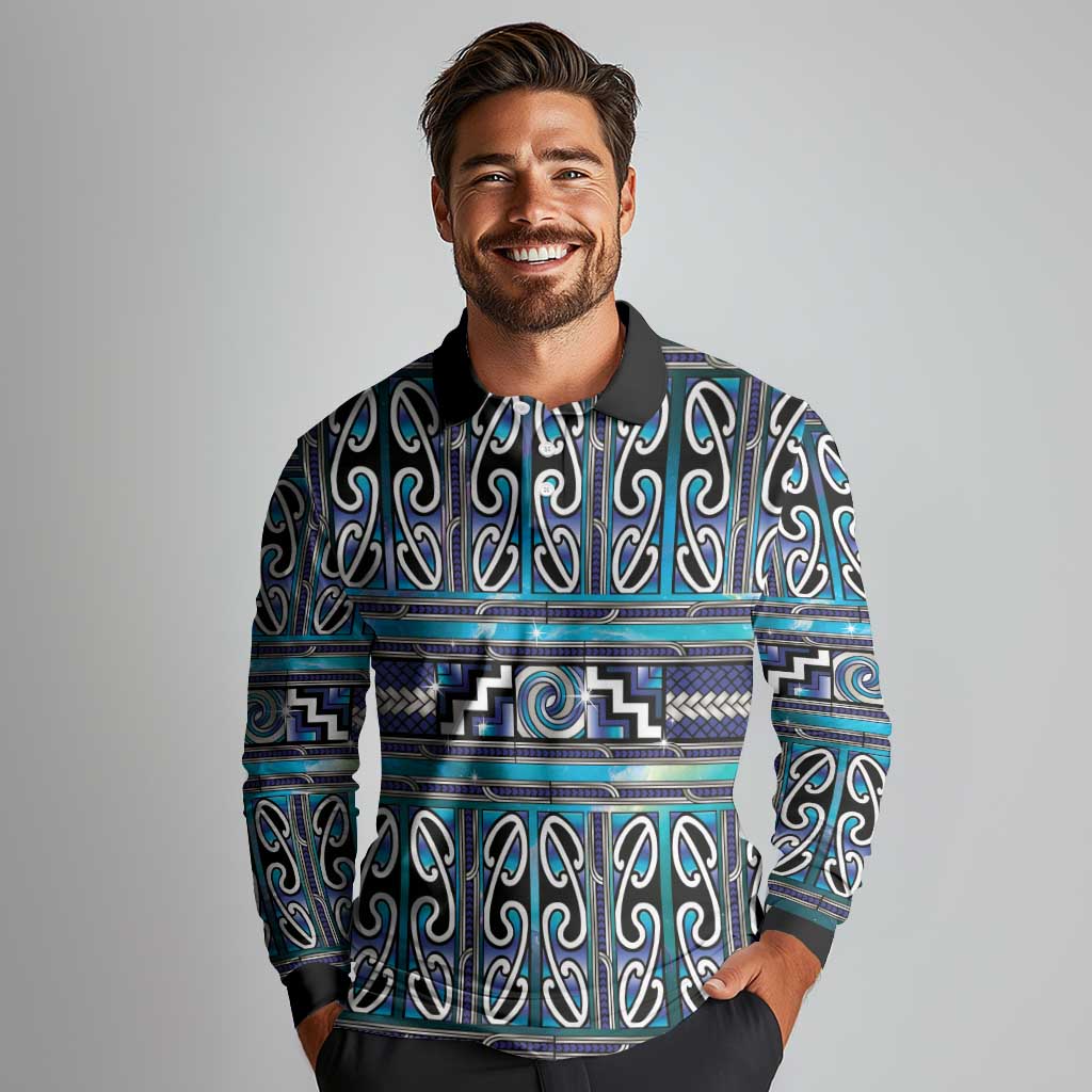 Maori Matariki Long Sleeve Polo Shirt Blue Galaxy Aesthetic Koru Art LT01 - Polynesian Pride