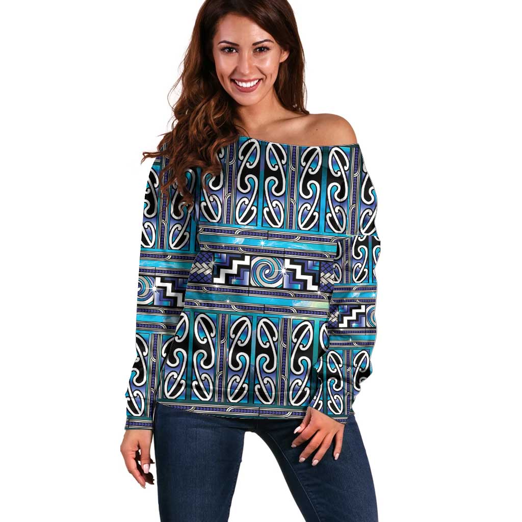 Maori Matariki Off Shoulder Sweater Blue Galaxy Aesthetic Koru Art