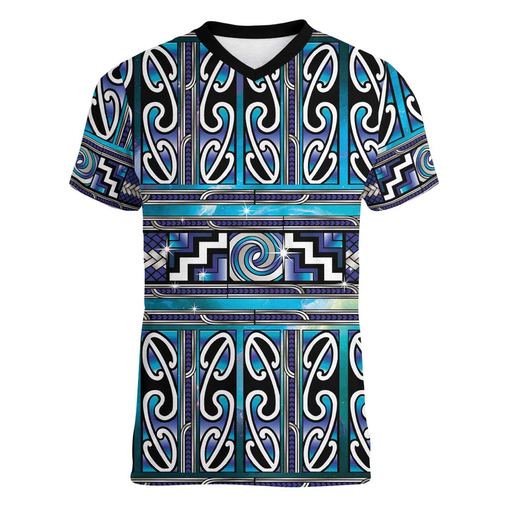 Maori Matariki Women V-Neck T-Shirt Blue Galaxy Aesthetic Koru Art LT01 Female Blue - Polynesian Pride