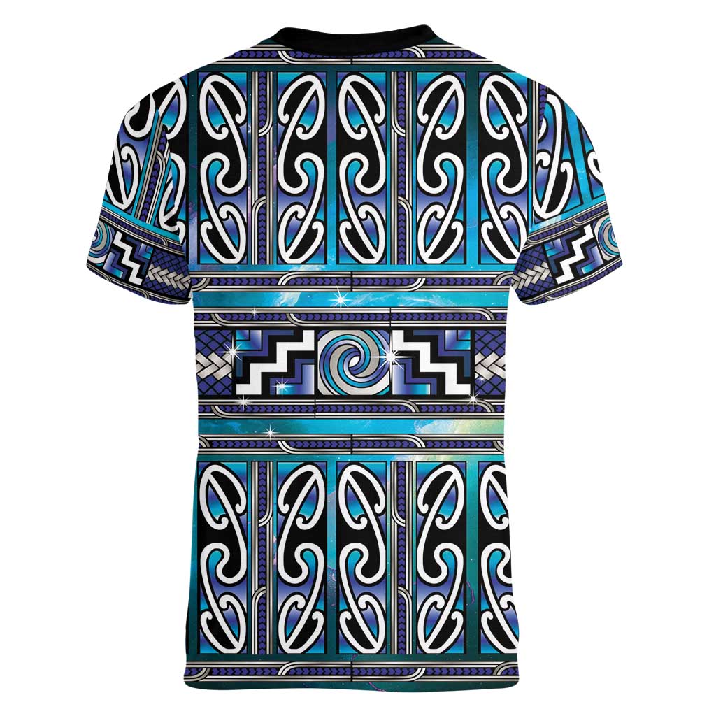 Maori Matariki Women V-Neck T-Shirt Blue Galaxy Aesthetic Koru Art LT01 - Polynesian Pride