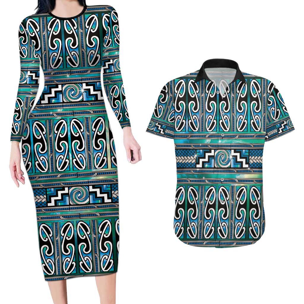 Maori Matariki Couples Matching Long Sleeve Bodycon Dress and Hawaiian Shirt Green Galaxy Aesthetic Koru Art LT01 Green - Polynesian Pride