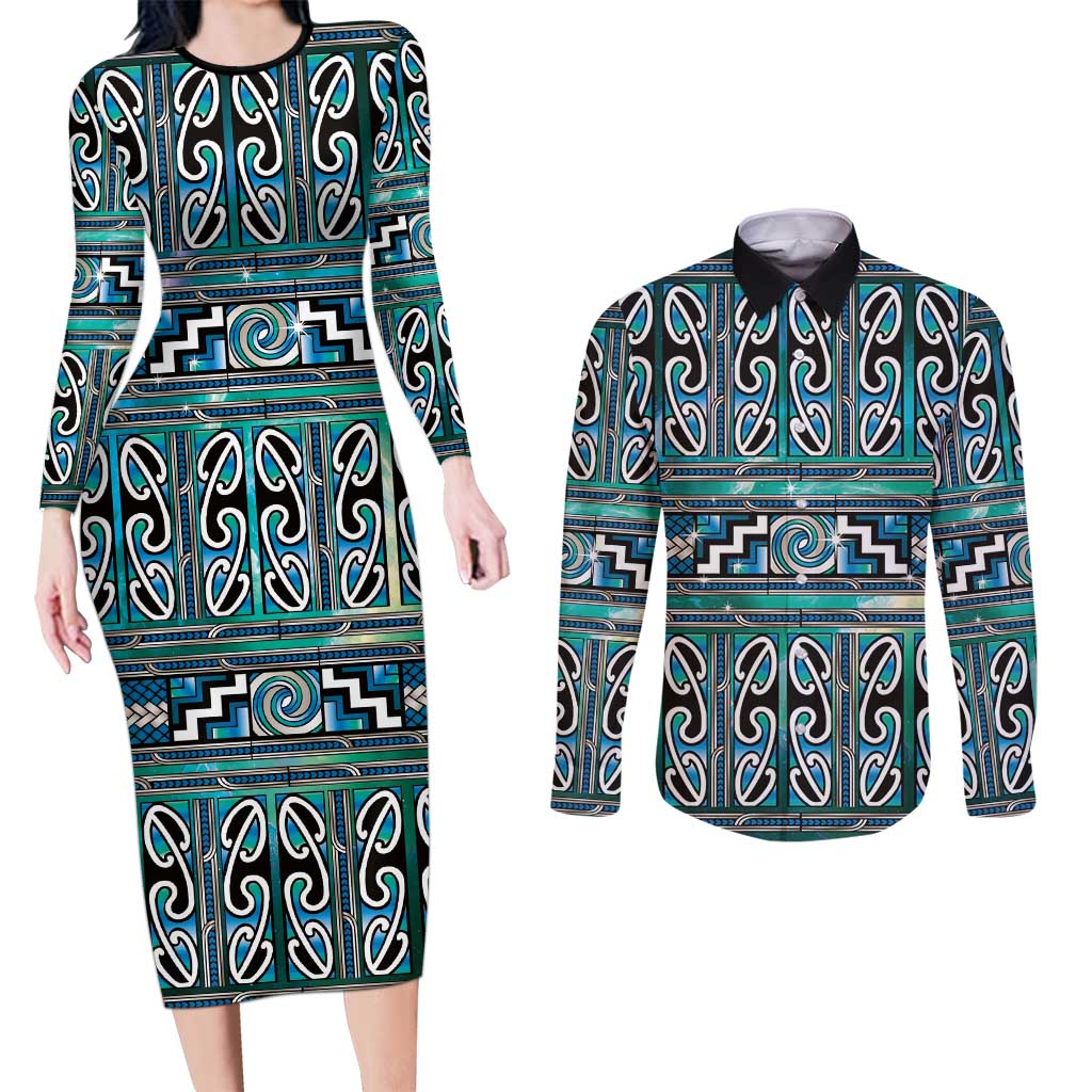 Maori Matariki Couples Matching Long Sleeve Bodycon Dress and Long Sleeve Button Shirt Green Galaxy Aesthetic Koru Art LT01 Green - Polynesian Pride