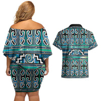 Maori Matariki Couples Matching Off Shoulder Short Dress and Hawaiian Shirt Green Galaxy Aesthetic Koru Art LT01 - Polynesian Pride