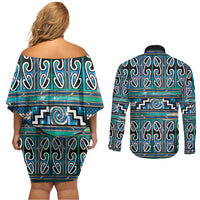 Maori Matariki Couples Matching Off Shoulder Short Dress and Long Sleeve Button Shirt Green Galaxy Aesthetic Koru Art LT01 - Polynesian Pride