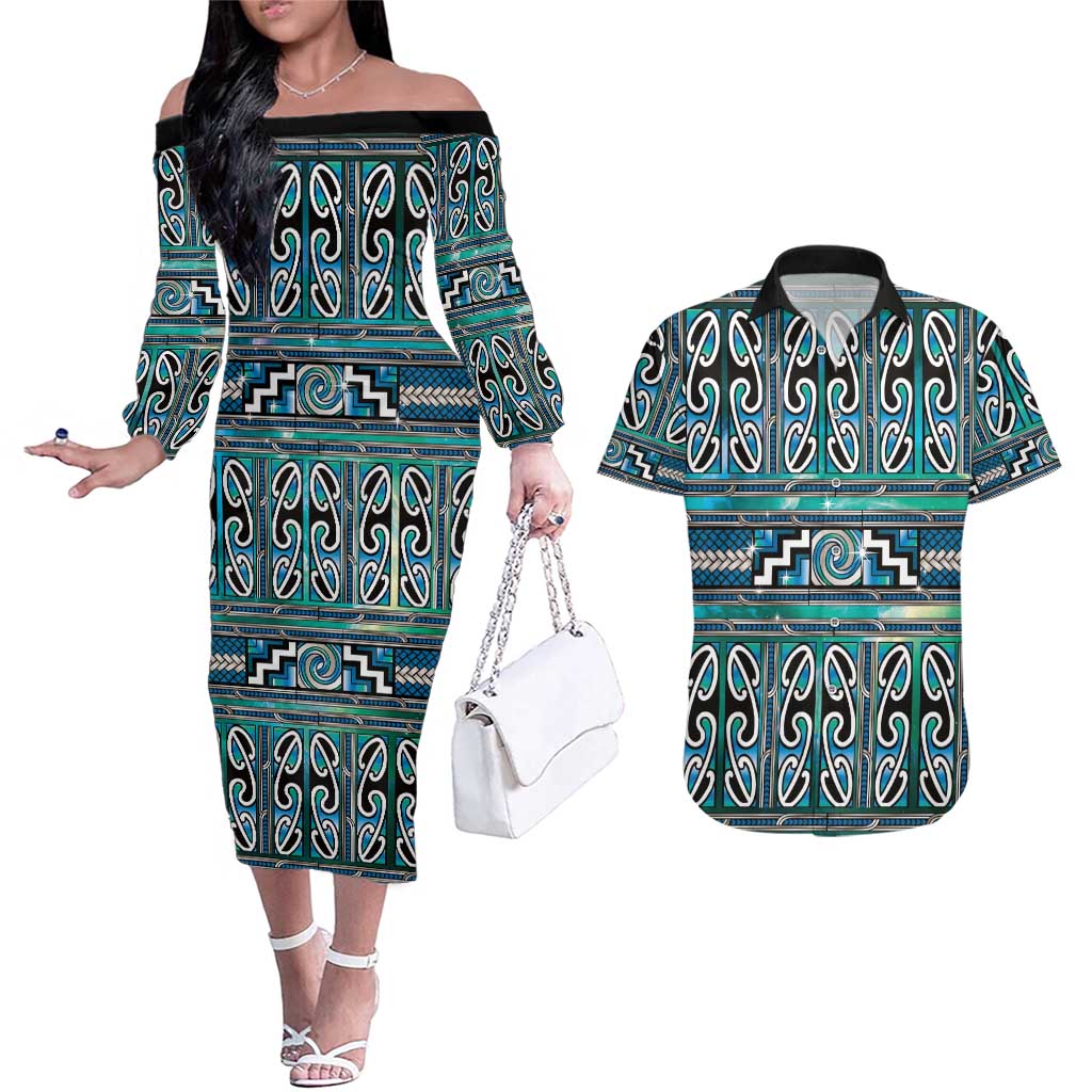 Maori Matariki Couples Matching Off The Shoulder Long Sleeve Dress and Hawaiian Shirt Green Galaxy Aesthetic Koru Art LT01 Green - Polynesian Pride