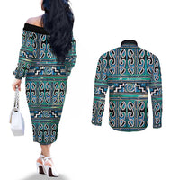 Maori Matariki Couples Matching Off The Shoulder Long Sleeve Dress and Long Sleeve Button Shirt Green Galaxy Aesthetic Koru Art LT01 - Polynesian Pride