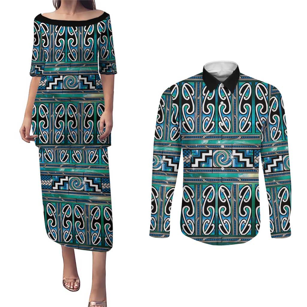 Maori Matariki Couples Matching Puletasi and Long Sleeve Button Shirt Green Galaxy Aesthetic Koru Art LT01 Green - Polynesian Pride