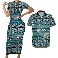 Maori Matariki Couples Matching Short Sleeve Bodycon Dress and Hawaiian Shirt Green Galaxy Aesthetic Koru Art LT01 Green - Polynesian Pride