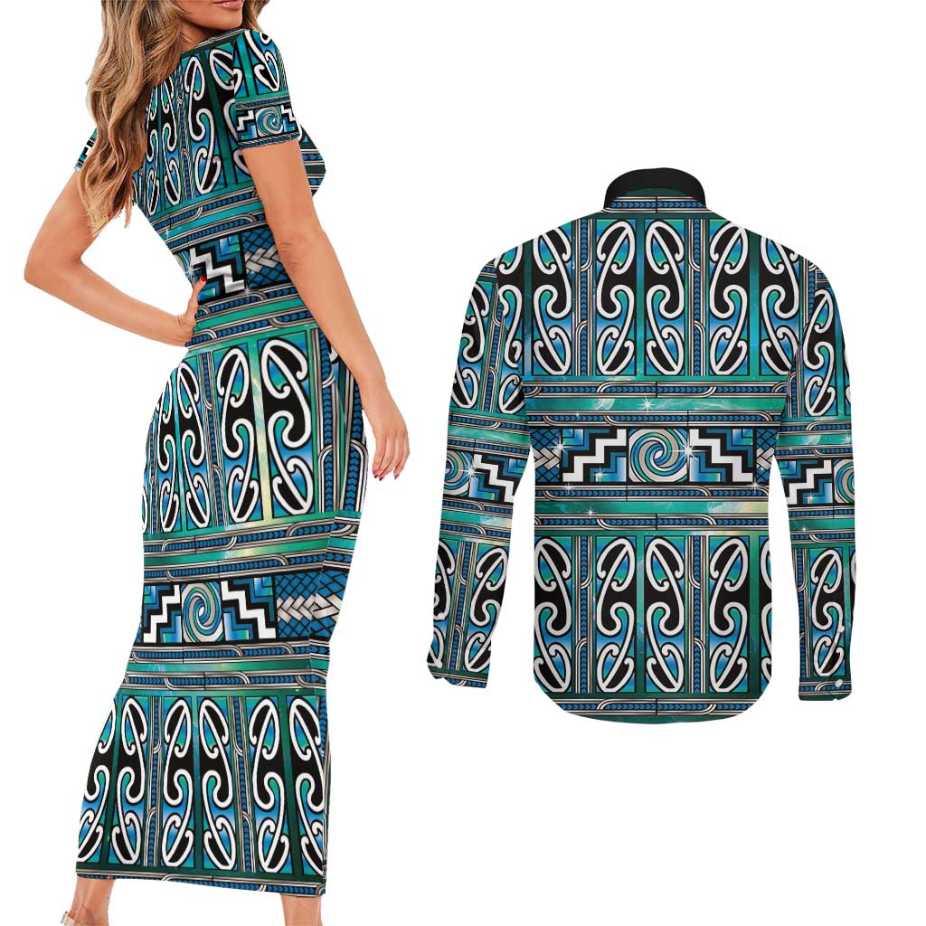 Maori Matariki Couples Matching Short Sleeve Bodycon Dress and Long Sleeve Button Shirt Green Galaxy Aesthetic Koru Art LT01 - Polynesian Pride