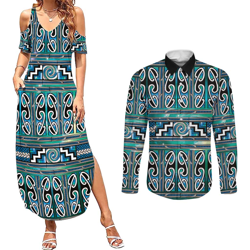 Maori Matariki Couples Matching Summer Maxi Dress and Long Sleeve Button Shirt Green Galaxy Aesthetic Koru Art LT01 Green - Polynesian Pride