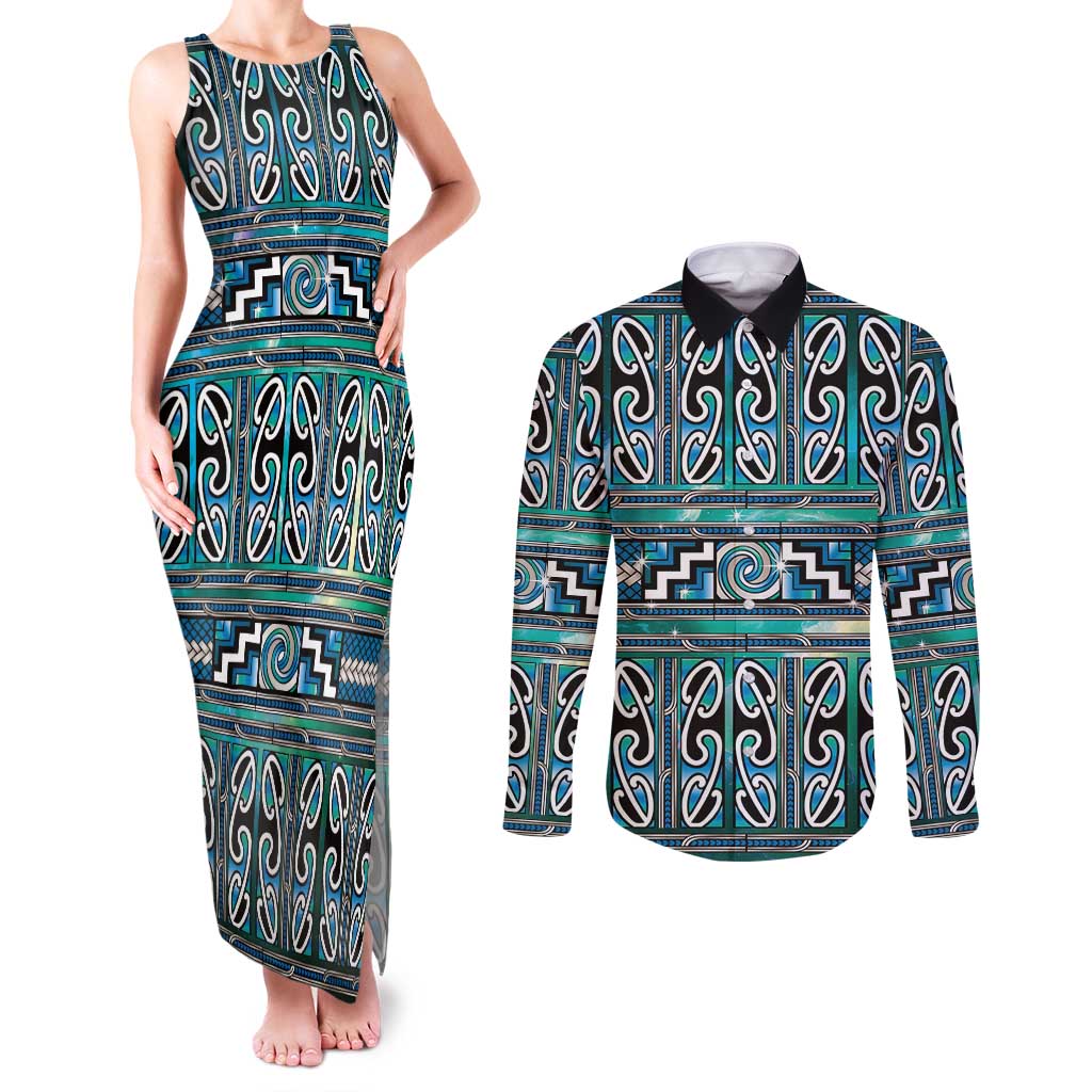Maori Matariki Couples Matching Tank Maxi Dress and Long Sleeve Button Shirt Green Galaxy Aesthetic Koru Art LT01 Green - Polynesian Pride