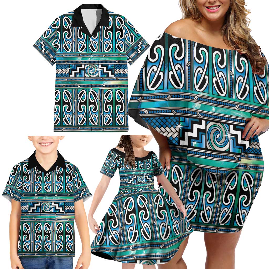 Maori Matariki Family Matching Off Shoulder Short Dress and Hawaiian Shirt Green Galaxy Aesthetic Koru Art