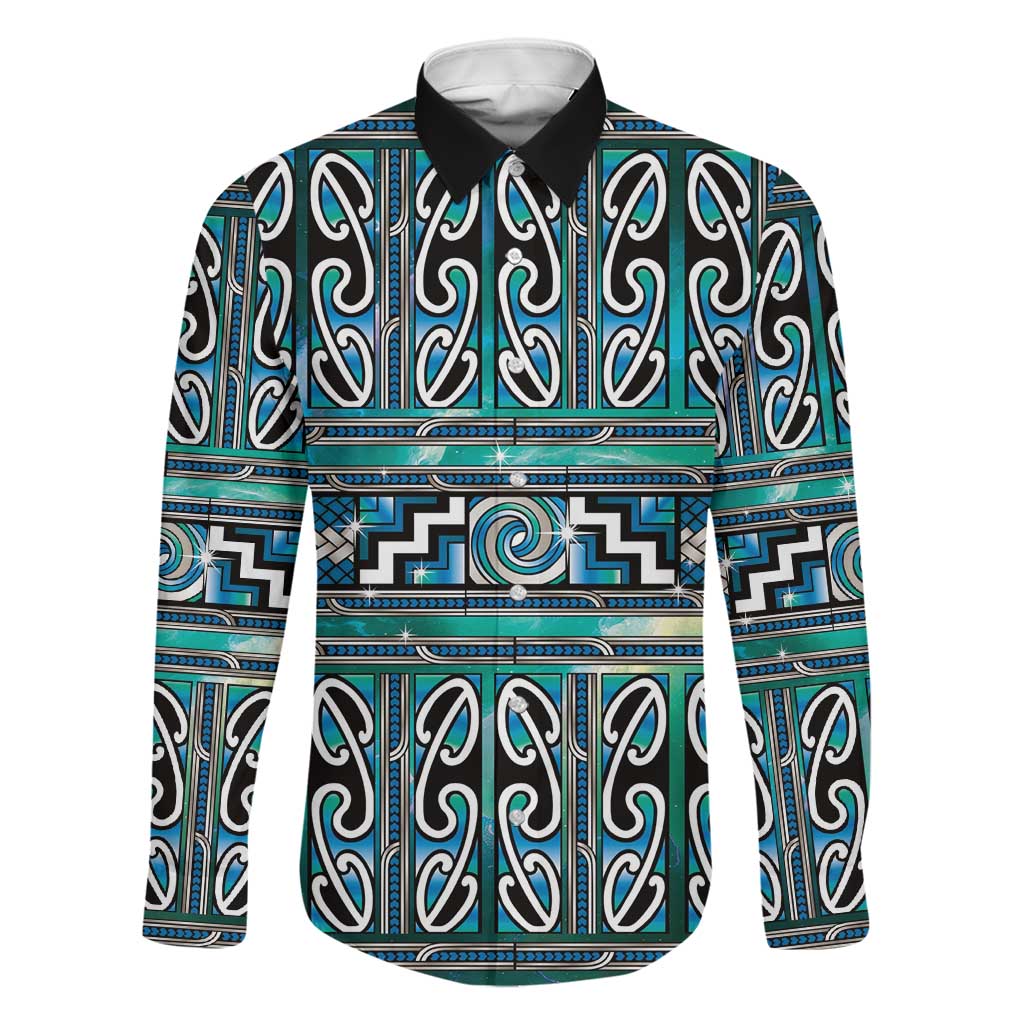 Maori Matariki Family Matching Puletasi and Hawaiian Shirt Green Galaxy Aesthetic Koru Art LT01 Dad's Shirt - Long Sleeve Green - Polynesian Pride