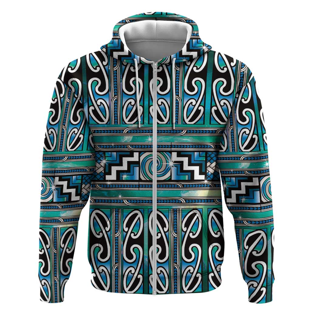Maori Matariki Hoodie Green Galaxy Aesthetic Koru Art LT01 Zip Hoodie Green - Polynesian Pride