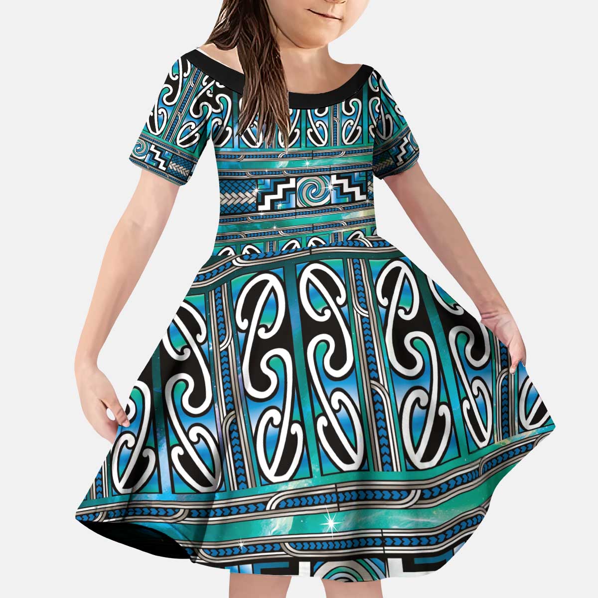 Maori Matariki Kid Short Sleeve Dress Green Galaxy Aesthetic Koru Art LT01 KID Green - Polynesian Pride
