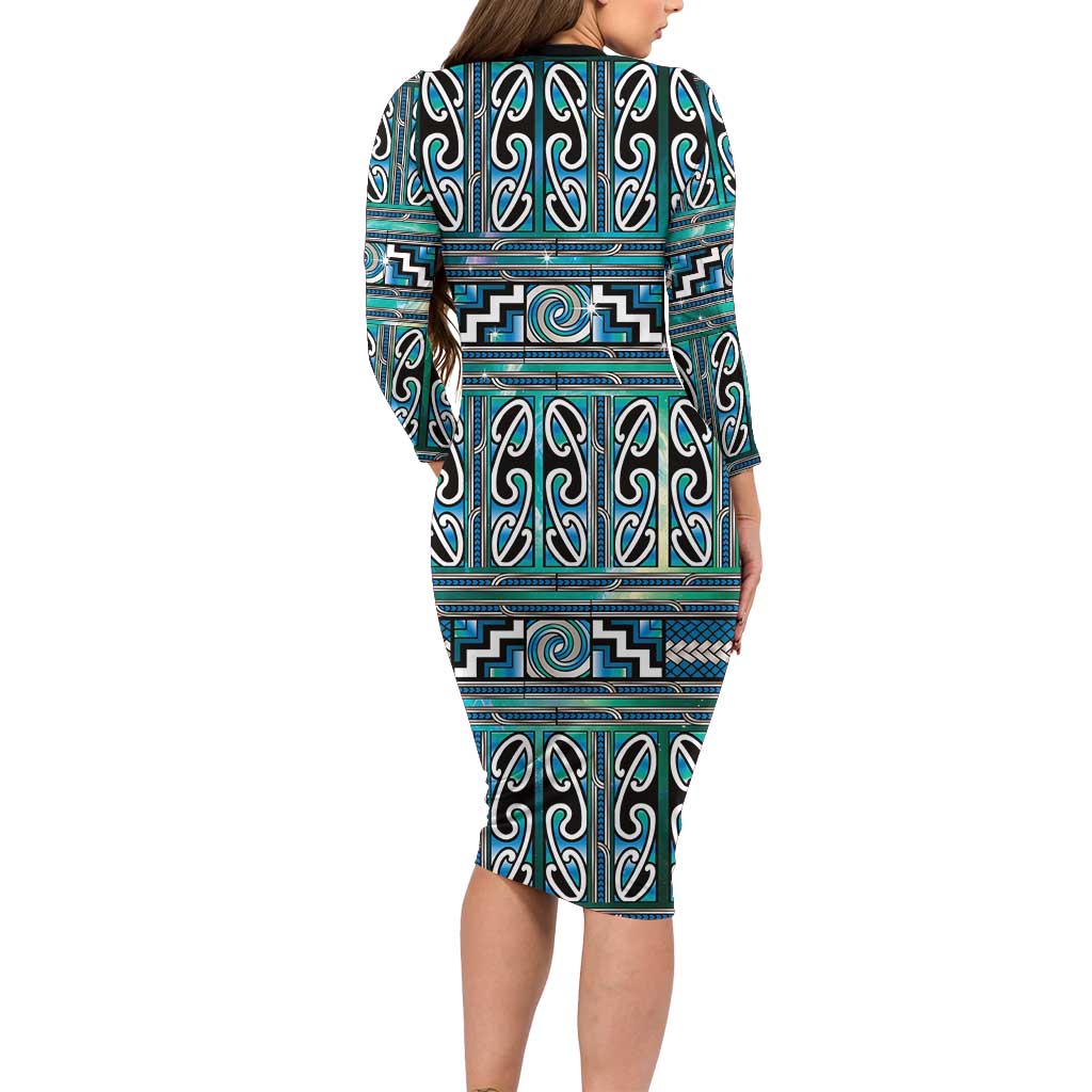 Maori Matariki Long Sleeve Bodycon Dress Green Galaxy Aesthetic Koru Art LT01 - Polynesian Pride